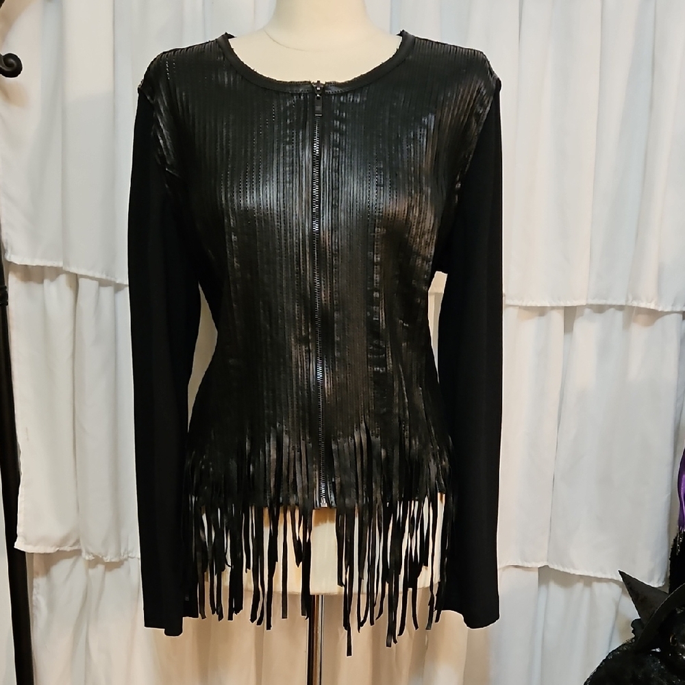 Pamela McCoy Black Leather Fringe Jacket